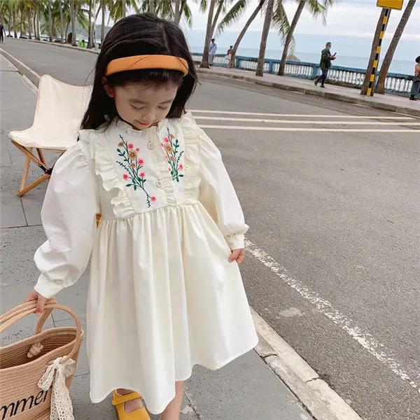 Dress A-line Knee Length O-neck Collar Pullover Print Embroidery Floral Sweet Lovely Cute Fashion Comfortable Casual Autumn Girl 2-3Y S4662456 - Tuzzut.com Qatar Online Shopping