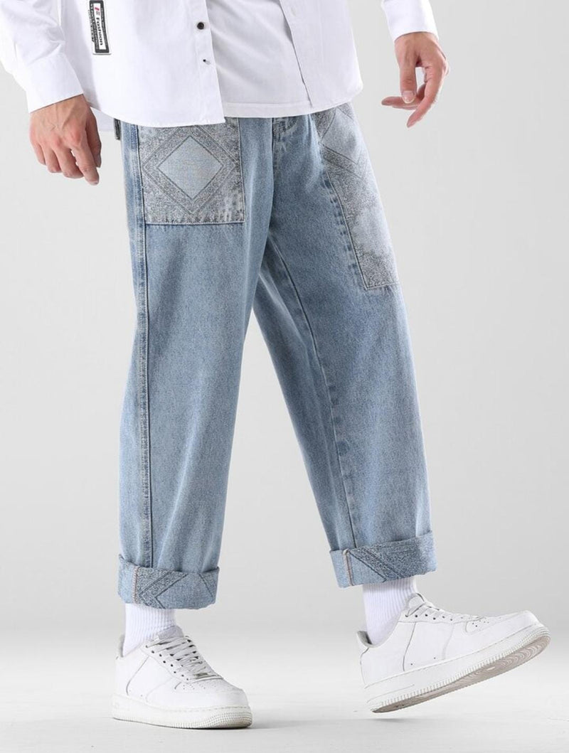 Men Scarf Print Straight Leg Jeans 3XL S4924100
