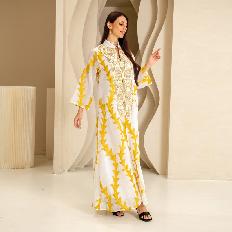 Gold Embroidery Jalabiya Kaftan Dress for Women Dubai Imitation Linen Muslim Robe Arabic Moroccan Caftan Party Banquet Eid Abaya XL S4664379