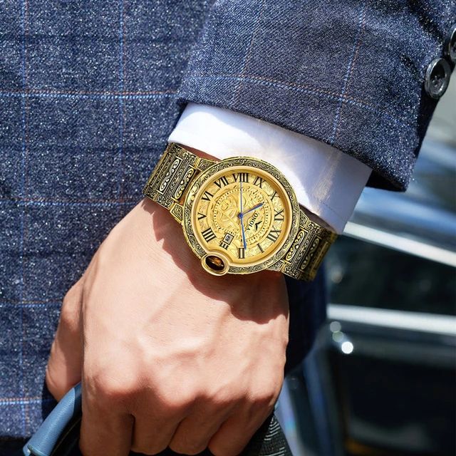 ONOLA Retro Golden Men Watch Top Brand Luxury Alloy Steel Business Quartz Wrist Watches Mens Clock Relogio Masculino S3349266 - Tuzzut.com Qatar Online Shopping