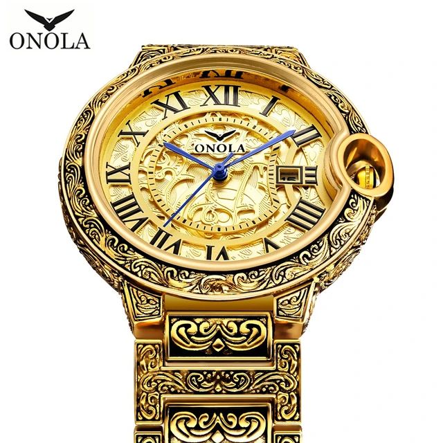 ONOLA Retro Golden Men Watch Top Brand Luxury Alloy Steel Business Quartz Wrist Watches Mens Clock Relogio Masculino S3349266 - Tuzzut.com Qatar Online Shopping