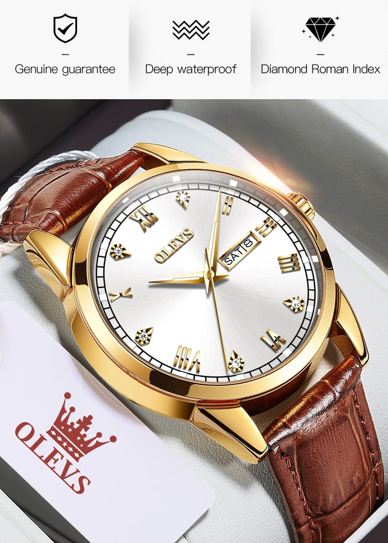 OLEVS 6896 Waterproof Great Quality Dual Calendar Men Wristwatch Quartz Fashion Genuine Leather Strap Watches for Men Luminous W1973250 - Tuzzut.com Qatar Online Shopping