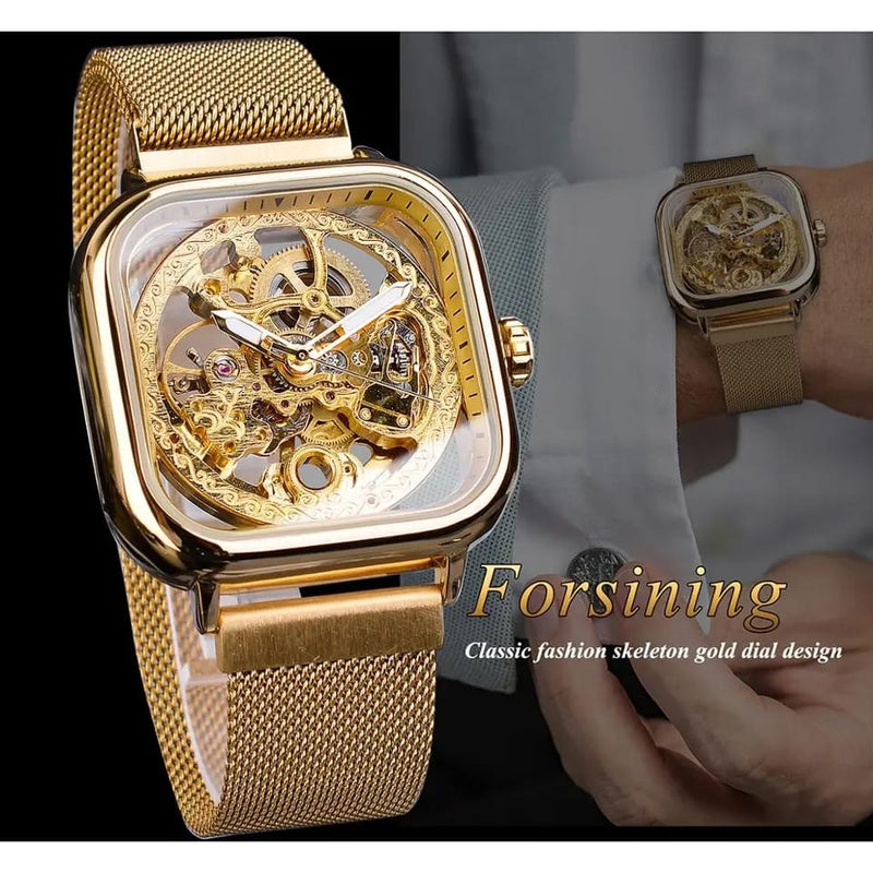 Forsining Men Mechanical Watches Automatic Self-Wind Golden Transparent Fashion Mesh Steel Wristwatch Skeleton Man Male Hot Hour S3599316 - Tuzzut.com Qatar Online Shopping