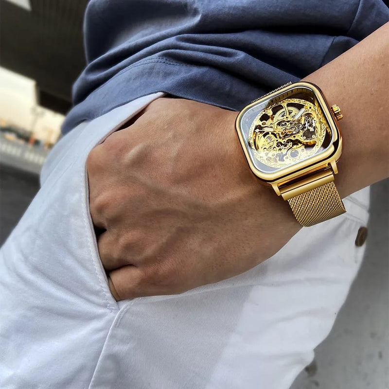 Forsining Men Mechanical Watches Automatic Self-Wind Golden Transparent Fashion Mesh Steel Wristwatch Skeleton Man Male Hot Hour S3599316
