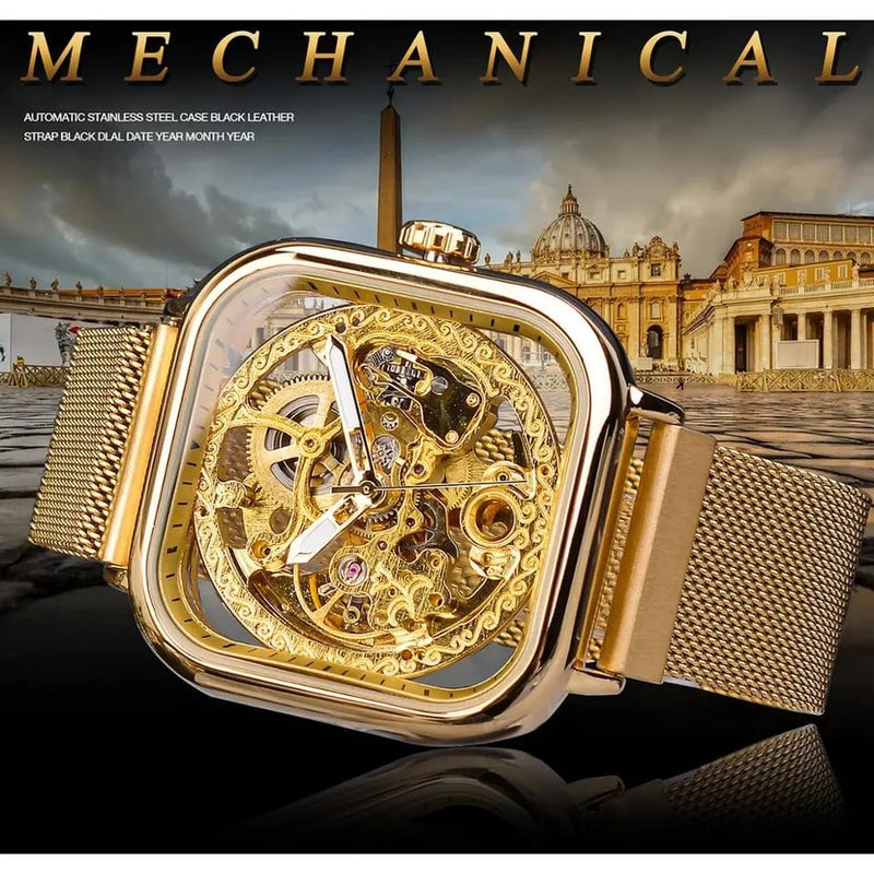 Forsining Men Mechanical Watches Automatic Self-Wind Golden Transparent Fashion Mesh Steel Wristwatch Skeleton Man Male Hot Hour S3599316 - Tuzzut.com Qatar Online Shopping