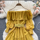 Vintage Pleated Slash Neck Off Shoulder High Waist Dress Long Sleeve Dress Chic Summer Beach Vestidos Women Vacation Sundress S4944836 - Tuzzut.com Qatar Online Shopping