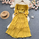 Vintage Pleated Slash Neck Off Shoulder High Waist Dress Long Sleeve Dress Chic Summer Beach Vestidos Women Vacation Sundress S4944836 - Tuzzut.com Qatar Online Shopping