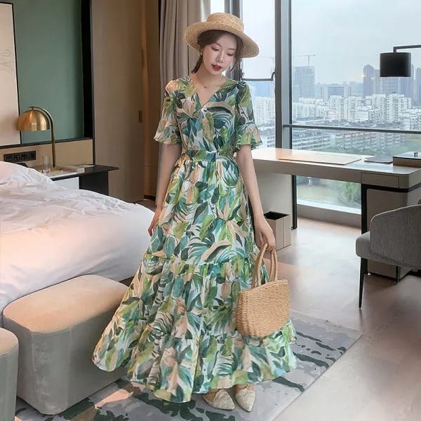 Chic Boho Printing Beach Dress Vintage Flower Women Party Slim Print Long Casual Korean Style Dresses Bohemian Clothing L S3823727 - Tuzzut.com Qatar Online Shopping