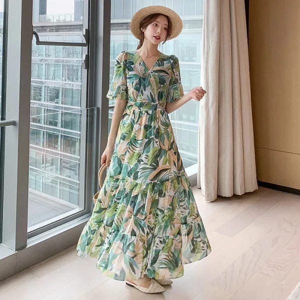 Chic Boho Printing Beach Dress Vintage Flower Women Party Slim Print Long Casual Korean Style Dresses Bohemian Clothing L S3823727 - Tuzzut.com Qatar Online Shopping