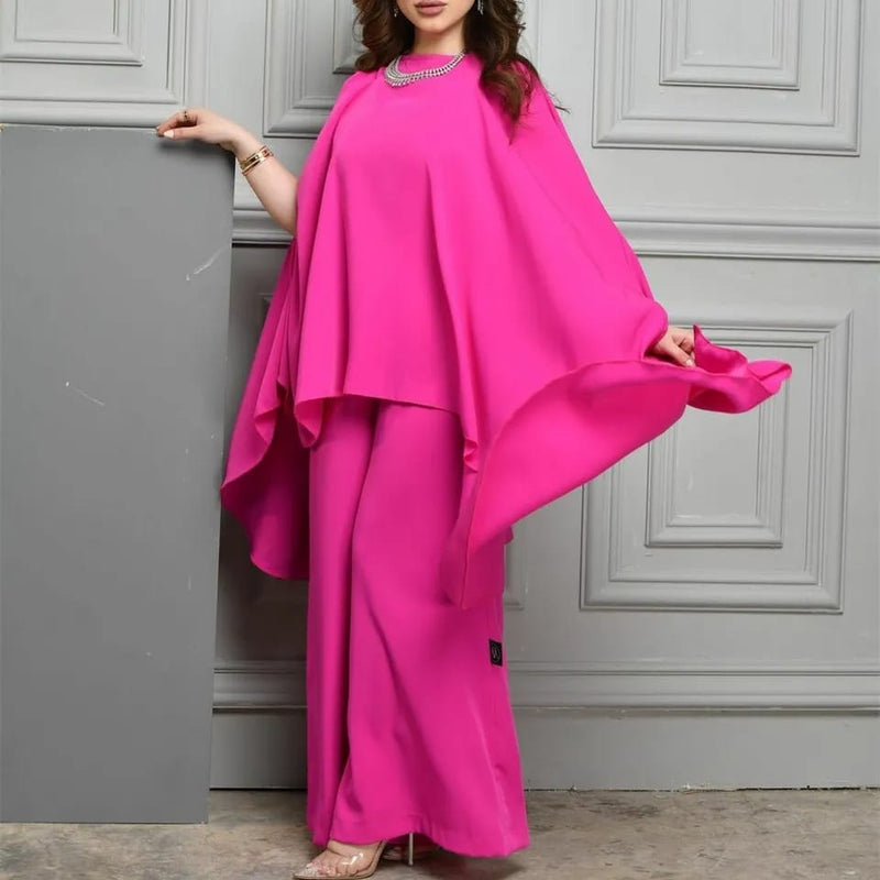 Long O-Neck Rose Red Muslim Pantsuit Evening Dresses Crepe Jumpsuit Floor Length Robes de Soirée for Women M S4896209 - Tuzzut.com Qatar Online Shopping