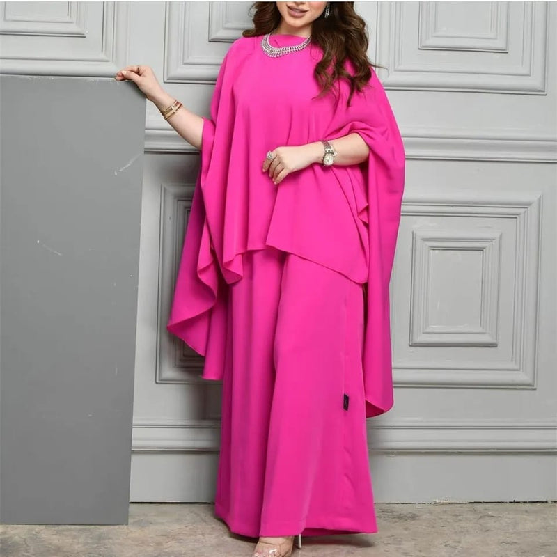 Long O-Neck Rose Red Muslim Pantsuit Evening Dresses Crepe Jumpsuit Floor Length Robes de Soirée for Women M S4896209 - Tuzzut.com Qatar Online Shopping