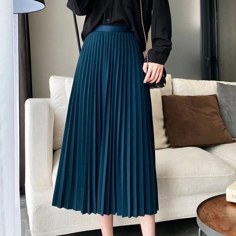 Women's Skirt Spring Autumn New Office Lady Commuter Solid High-waisted Loose Elegant Fashion Pleated Midi Skirt Female M S4612887 - Tuzzut.com Qatar Online Shopping
