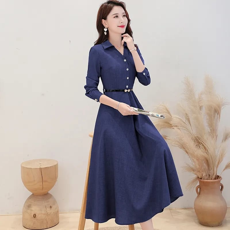 Women Long Sleeve Cotton Dress Solid Color Casual Pink Dress Midi Tunics V Neck Spring Green Robe 2XL S1902051 - Tuzzut.com Qatar Online Shopping