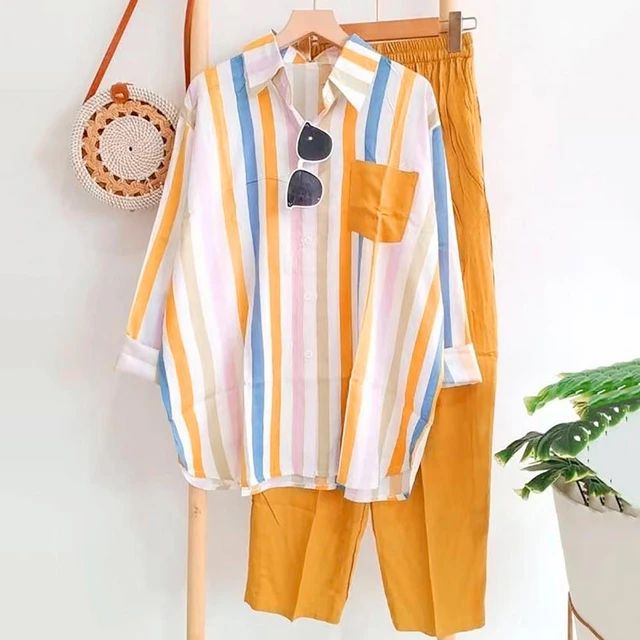 Trendy Women's Long Sleeve Casual Stripes Shirt Pants 2Pcs Set B-18743 Trendy Women's Long Sleeve Casual Stripes Shirt Pants 2Pcs Set B-18743