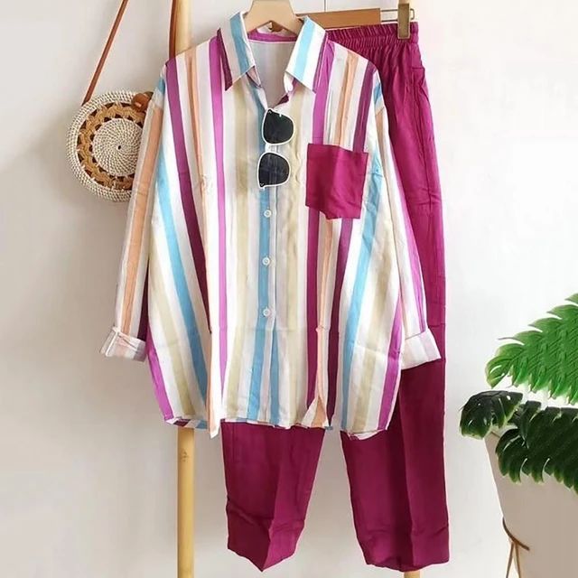 Trendy Women's Long Sleeve Casual Stripes Shirt Pants 2Pcs Set B-18743 Trendy Women's Long Sleeve Casual Stripes Shirt Pants 2Pcs Set B-18743