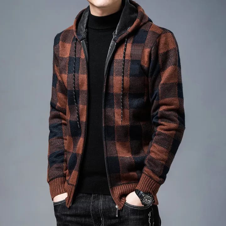 Men Jacket Plaid Pattern Breathable Polyester Sweater Hoodie for Winter - S4025875 - Tuzzut.com Qatar Online Shopping
