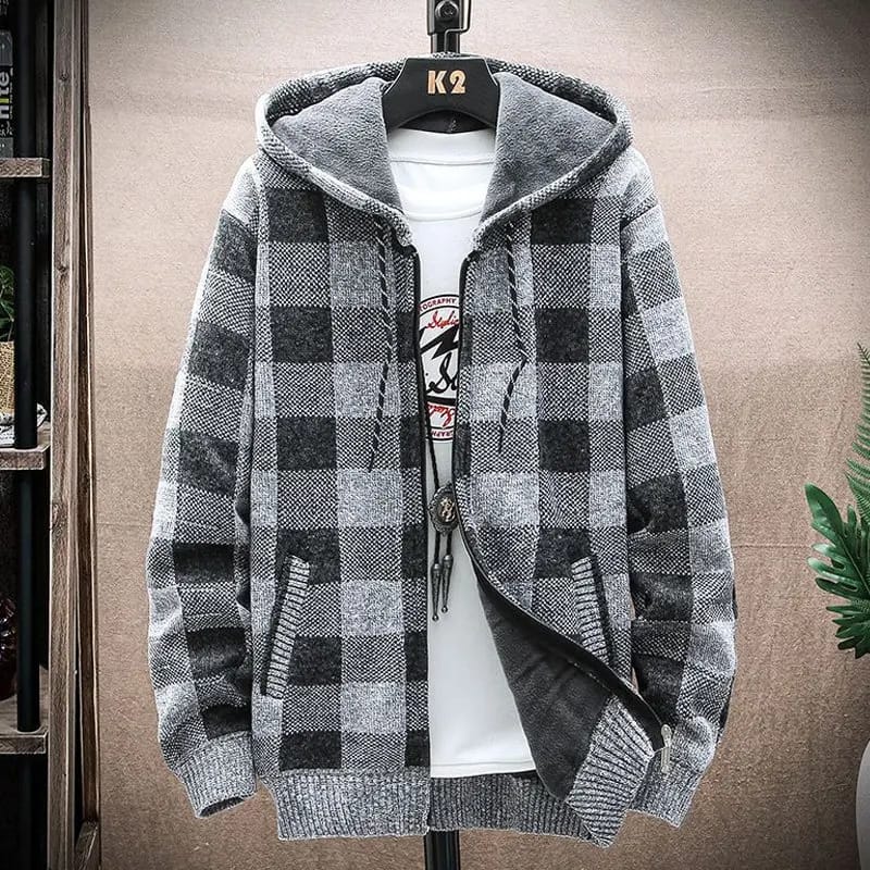Men Jacket Plaid Pattern Breathable Polyester Sweater Hoodie for Winter - S4025875 - Tuzzut.com Qatar Online Shopping