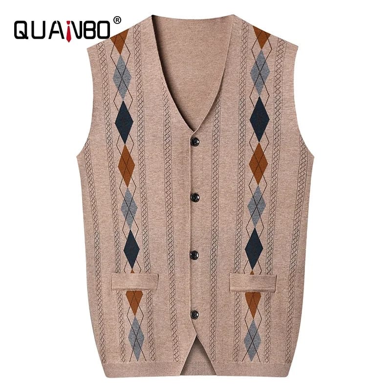 QUANBO Men's Classic Casual Cashmere Wool Blended Vest Sweater Cable Knit V Neck Sleeveless Knitted Button Vest Cardigan M - S4704588 QUANBO Men's Classic Casual Cashmere Wool Blended Vest Sweater Cable Knit V Neck Sleeveless Knitted Button Vest Cardigan M - S4704588