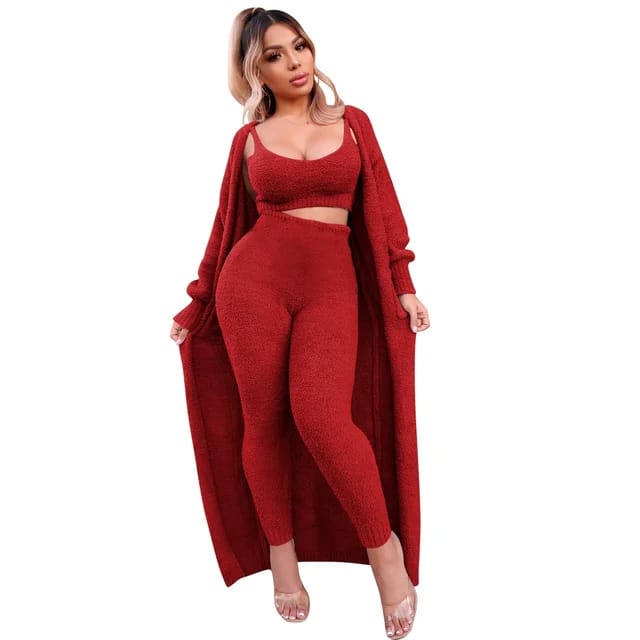 Solid Fuzzy 3 Piece Set Women Sexy Camisole Crop Top Full Sleeve Open Stitch Long Coat Cardigan High Waist Pencil Pants Suit - B-42677 Solid Fuzzy 3 Piece Set Women Sexy Camisole Crop Top Full Sleeve Open Stitch Long Coat Cardigan High Waist Pencil Pants Suit - B-42677