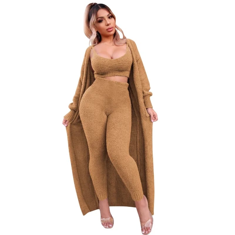 Solid Fuzzy 3 Piece Set Women Sexy Camisole Crop Top Full Sleeve Open Stitch Long Coat Cardigan High Waist Pencil Pants Suit - B-42677 Solid Fuzzy 3 Piece Set Women Sexy Camisole Crop Top Full Sleeve Open Stitch Long Coat Cardigan High Waist Pencil Pants Suit - B-42677