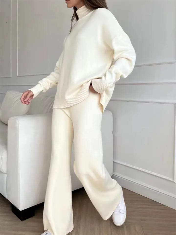 Soiling Fall winter turtleneck pullover side split knit tops wide leg pants women elegant Custom knit sweater set - 441DBW - Tuzzut.com Qatar Online Shopping