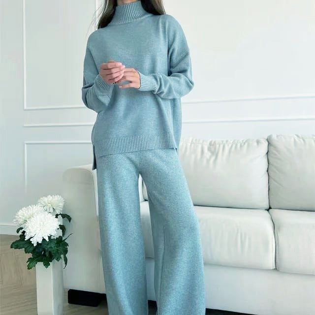 Soiling Fall winter turtleneck pullover side split knit tops wide leg pants women elegant Custom knit sweater set - 441DBW