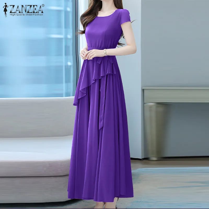 ZANZEA Womens Ladies Elegant Short Sleeve Peplum Belted Waist Cocktial Party Office Maxi Dress XL S4615871 - Tuzzut.com Qatar Online Shopping