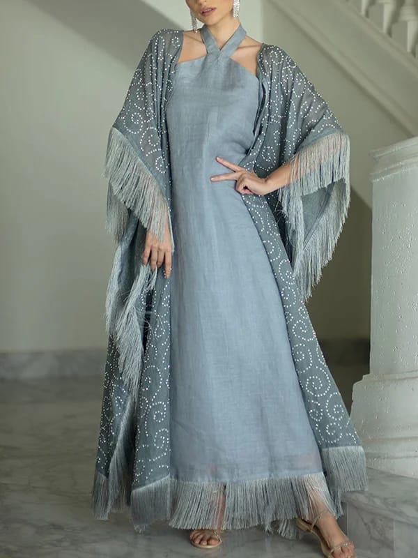 Halter Blue Fringe Decorated Cadigan Womens Long Dress  2xl 070615024 - Tuzzut.com Qatar Online Shopping