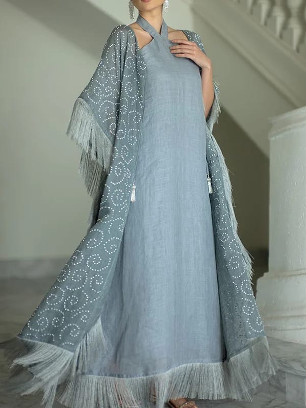 Halter Blue Fringe Decorated Cadigan Womens Long Dress  2xl 070615024 - Tuzzut.com Qatar Online Shopping