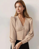 Spring Buttons Party Female Shirts Fashion Lantern Sleeve Solid Office Elegant Blouses XL S4479727 - Tuzzut.com Qatar Online Shopping