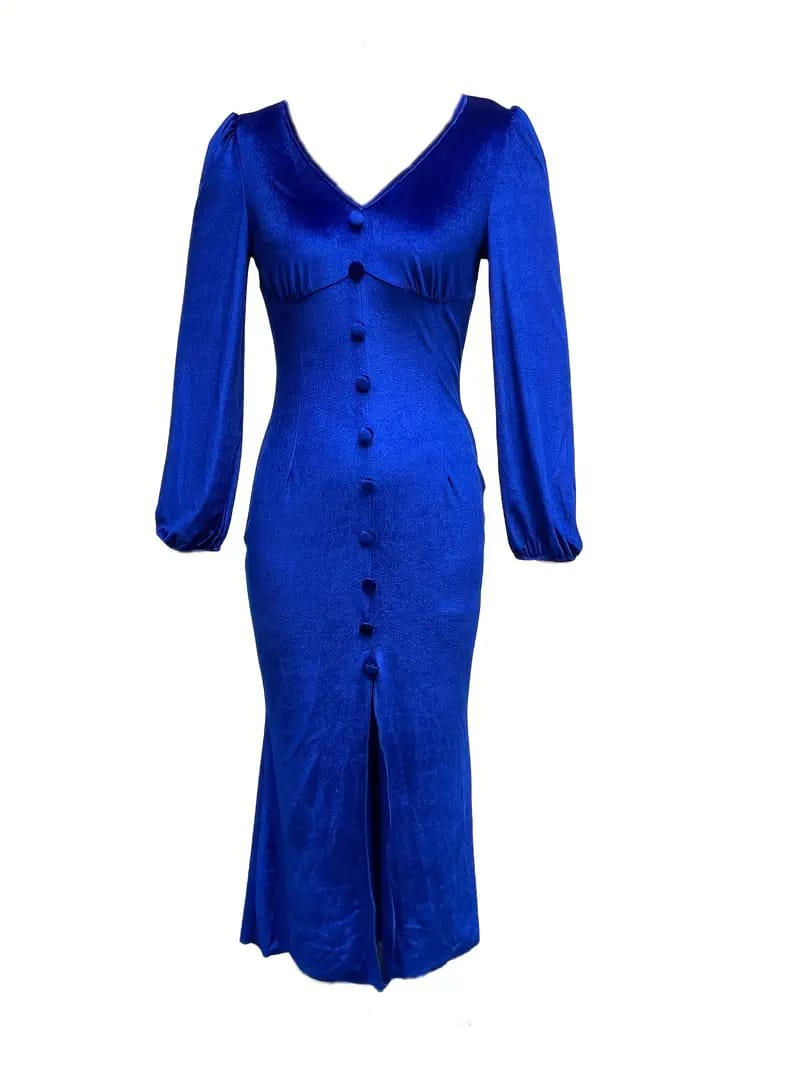 Button Front V Neck Dress, Elegant Solid Long Sleeve Party Dress, Women's Clothing XL X4773171 - Tuzzut.com Qatar Online Shopping