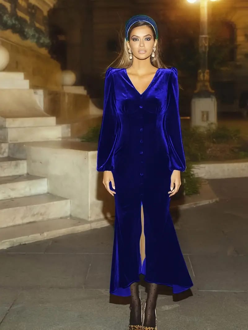 Button Front V Neck Dress, Elegant Solid Long Sleeve Party Dress, Women's Clothing XL X4773171 Button Front V Neck Dress, Elegant Solid Long Sleeve Party Dress, Women's Clothing XL X4773171