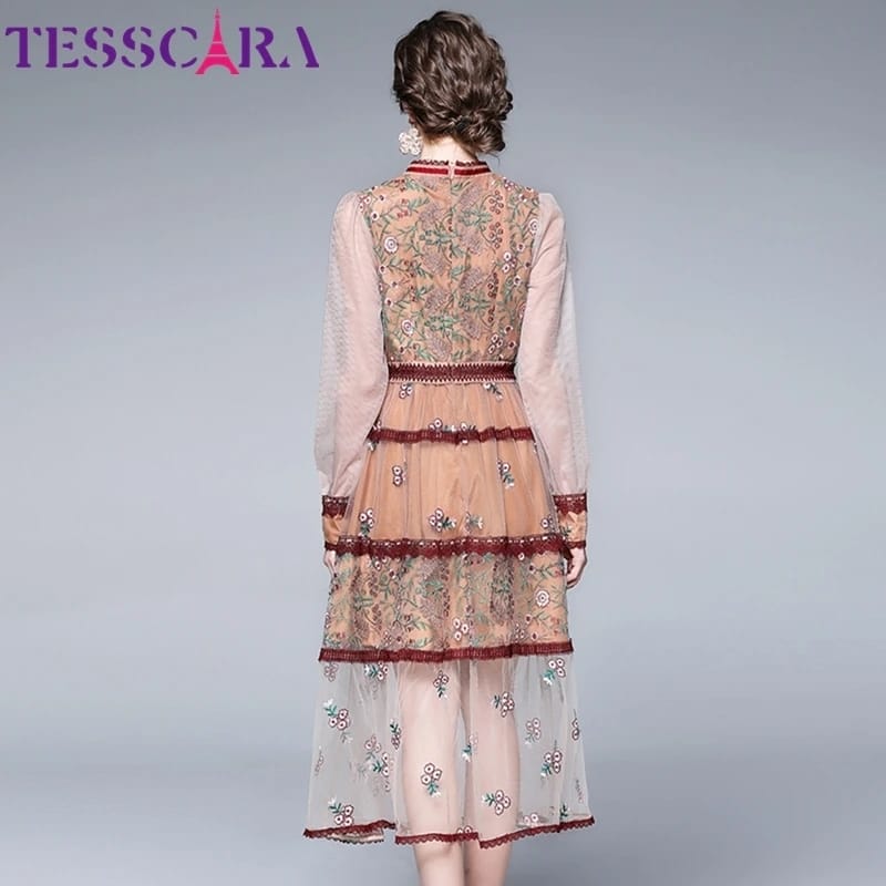 Women Luxury Embroidery Mesh Dress Festa High Quality Long Wedding Party Robe L S3644901 - Tuzzut.com Qatar Online Shopping