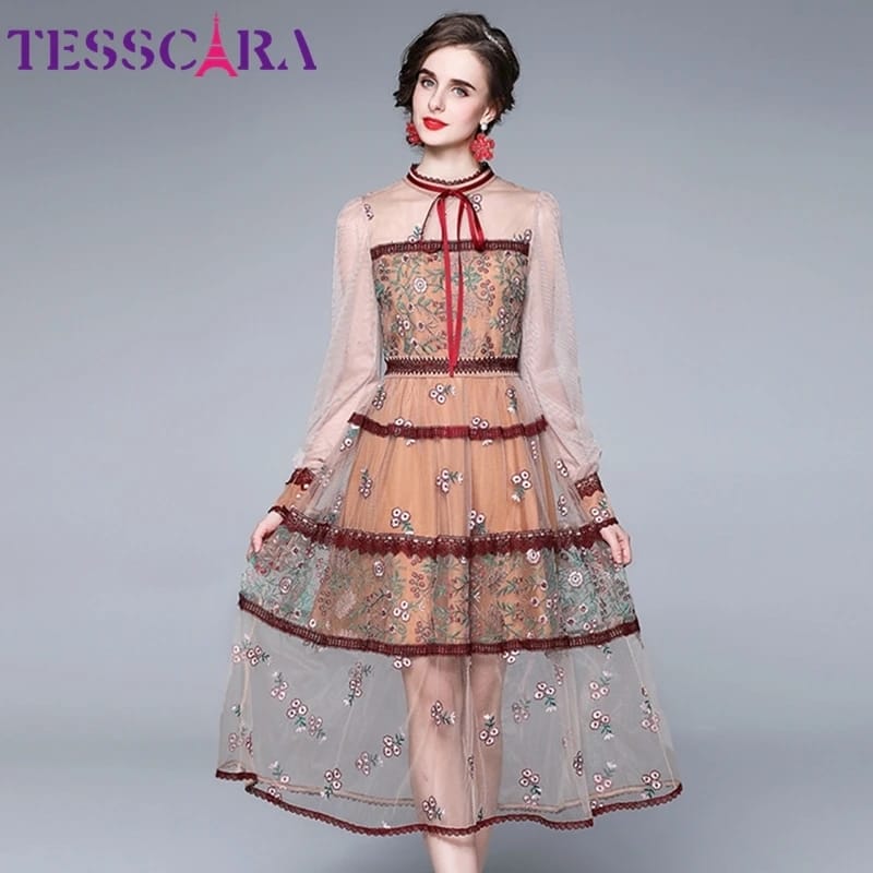 Women Luxury Embroidery Mesh Dress Festa High Quality Long Wedding Party Robe L S3644901 - Tuzzut.com Qatar Online Shopping