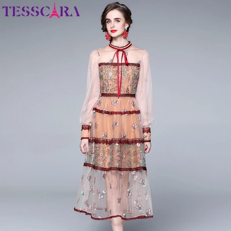 Women Luxury Embroidery Mesh Dress Festa High Quality Long Wedding Party Robe L S3644901 - Tuzzut.com Qatar Online Shopping