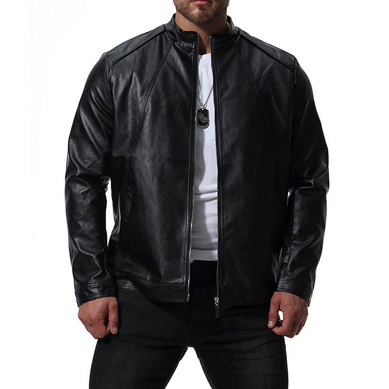 Mens Classic Stand Collar Zipper Motorcycle Leather Jacket M S1201509 - Tuzzut.com Qatar Online Shopping