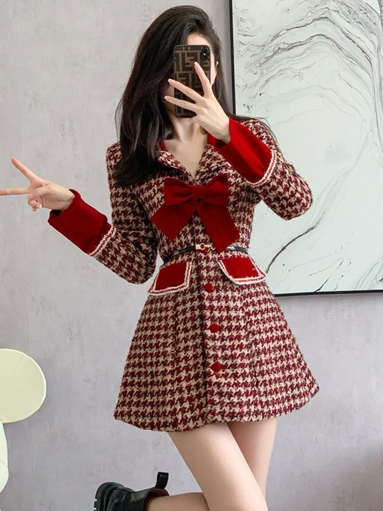 Women's Jackets High-Quality Red Houndstooth Bow Woolen Coat Dress S4787984 - Tuzzut.com Qatar Online Shopping