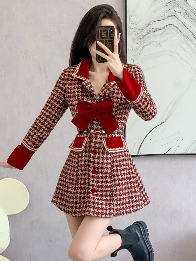 Women's Jackets High-Quality Red Houndstooth Bow Woolen Coat Dress S4787984 - Tuzzut.com Qatar Online Shopping