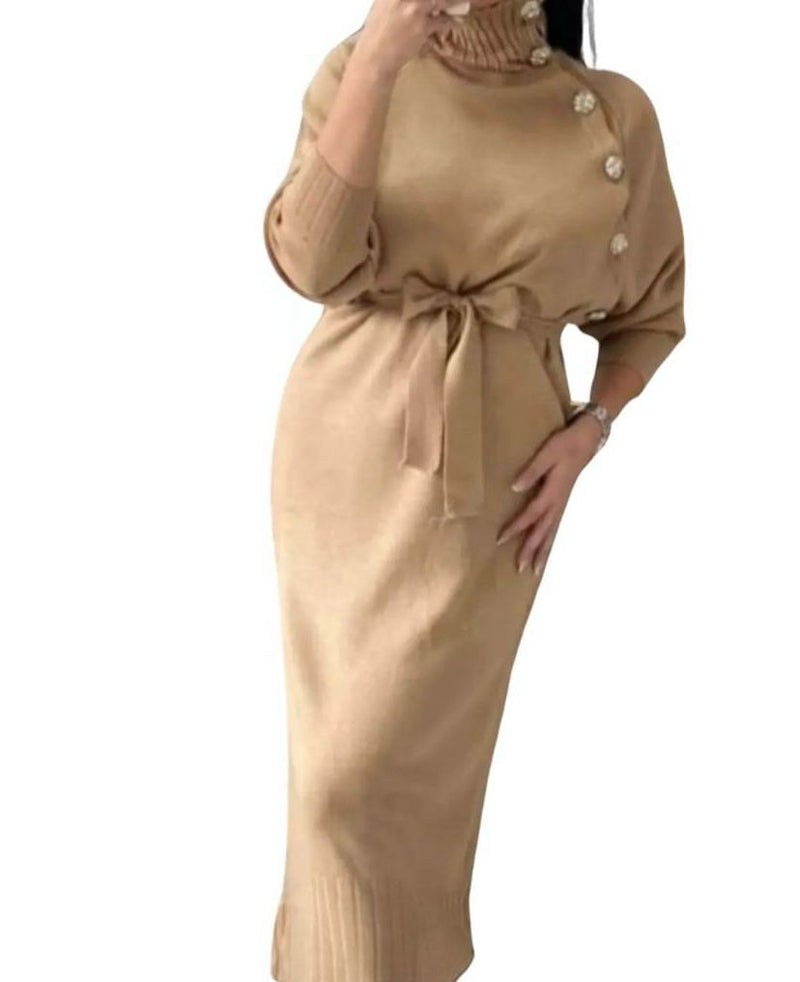Cosy Knitted Seam Detail High Neck Dress B-39079 - Tuzzut.com Qatar Online Shopping