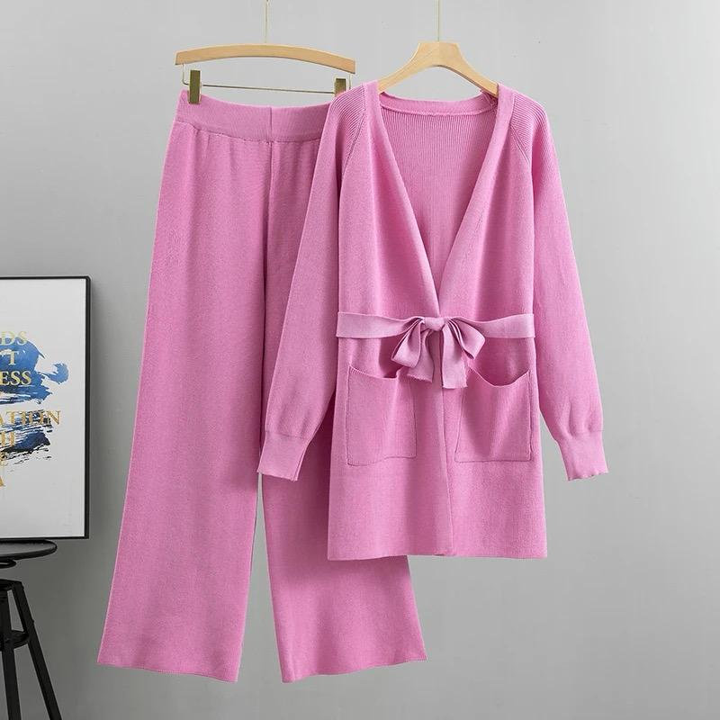 Autumn Winter Warm Knitted Suit Women Long Sleeve Sweater And Wide Leg Pants Sets M B-38099 - Tuzzut.com Qatar Online Shopping