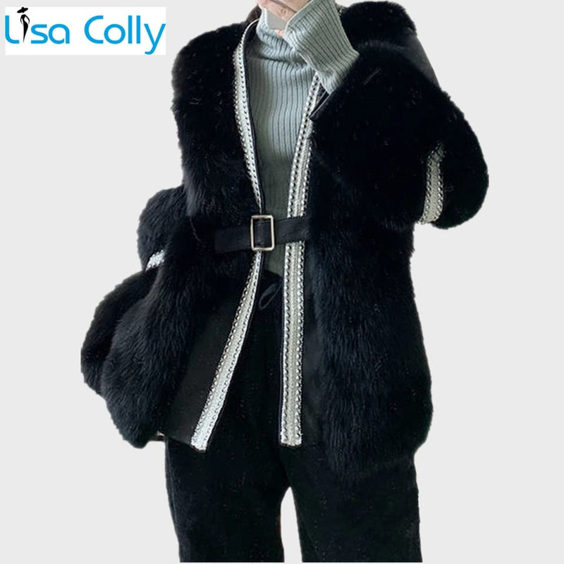 New Fashion Women's Riveting Patchwork Faux Fur Coat Thick Warm Fox Fur Jacket Artificial Fur Overcoat Outwear L B-40346