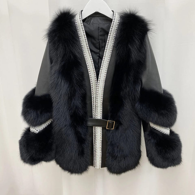 New Fashion Women's Riveting Patchwork Faux Fur Coat Thick Warm Fox Fur Jacket Artificial Fur Overcoat Outwear L B-40346