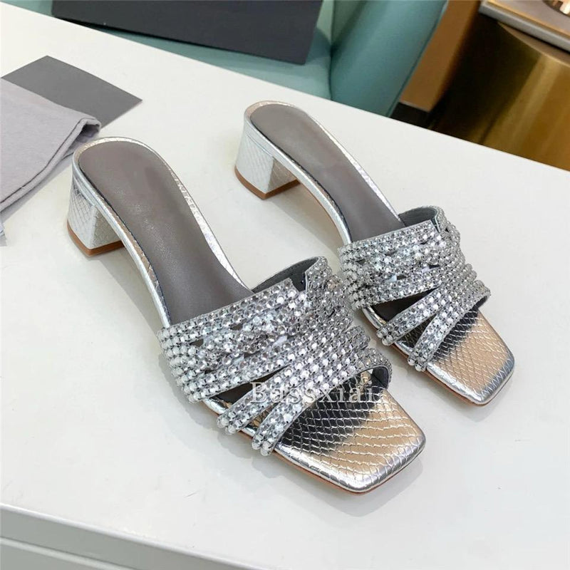Diamond Rhinestone Summer Mules For Girls Lady Med Heel Square 39 - Tuzzut.com Qatar Online Shopping
