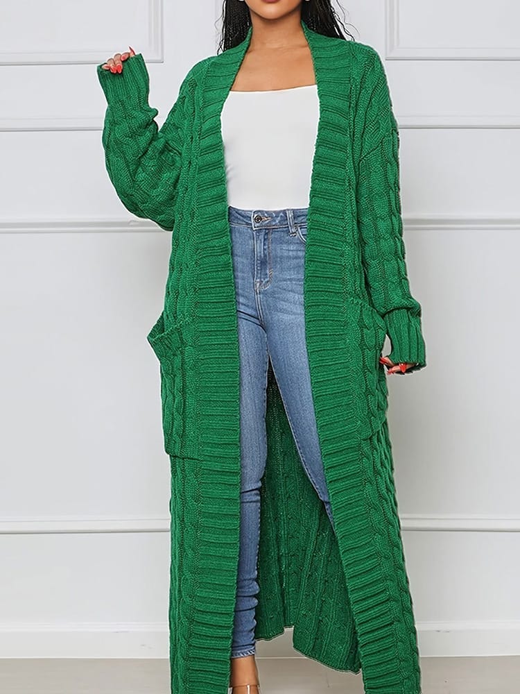 Cable Knitted Women Cardigan Winter Thick Long Sleeve Pockets Open Front Longline Loose Sweater Female Top 2XL B-27022 - Tuzzut.com Qatar Online Shopping