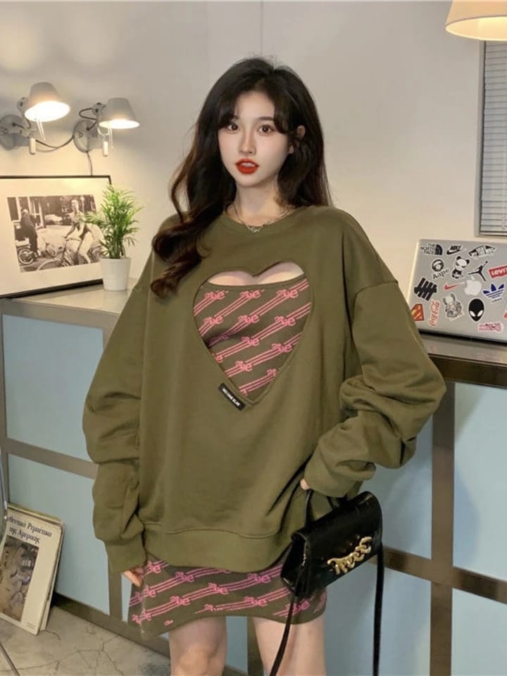 Korean Style Hollow Out Heart Hoodies Women Vintage Sexy Plus Size Sweatshirts S4837354 - Tuzzut.com Qatar Online Shopping