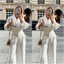 Women's Sets Autumn&Winter Fashion Woolen Set Lantern sleeve large lapel suit high waisted straight leg pants two-piece set S DL0384 - Tuzzut.com Qatar Online Shopping