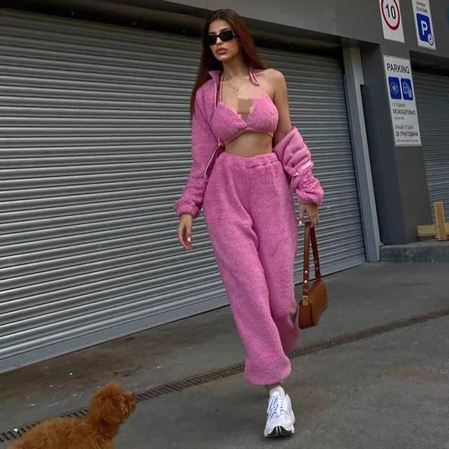 Custom Jogger 3 Women Piece Set Sweatsuit Women Tracksuit Crop Top Coats Three Pieces Pants Set Winter Women Fur Outfits S B-201789 - Tuzzut.com Qatar Online Shopping