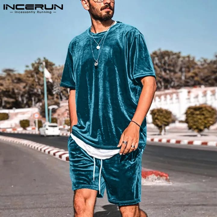 INCERUN 2PCS Mens Short Sleeve Suit Casual T Shirt Tops Drawstring Shorts Sets M S4422837 - Tuzzut.com Qatar Online Shopping
