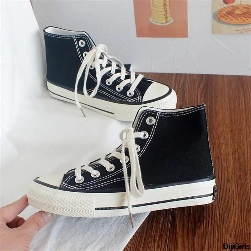 Ladies Canvas Sneakers High Top Spring Ladies Vulcanized Flats Lace Up Casual Sneakers 36 - Tuzzut.com Qatar Online Shopping