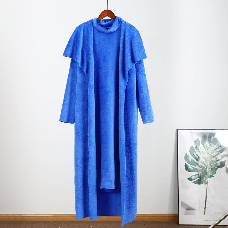 Belt Coral Fleece Women Long Cardigan Dress 2 Piece Set Autumn Full Sleeve Lapel Coat M B-32015 Belt Coral Fleece Women Long Cardigan Dress 2 Piece Set Autumn Full Sleeve Lapel Coat M B-32015